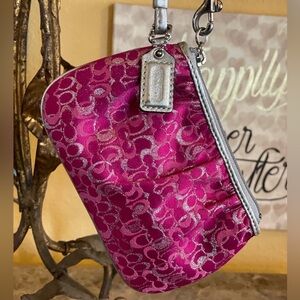 COACH Raspberry Pink Color With Metallic Silver Signature C Wristlet